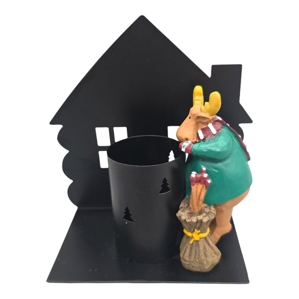 Metal Moose Candle Holder House Scene Resin Holiday‎ Winter Cabin Felt Bottom